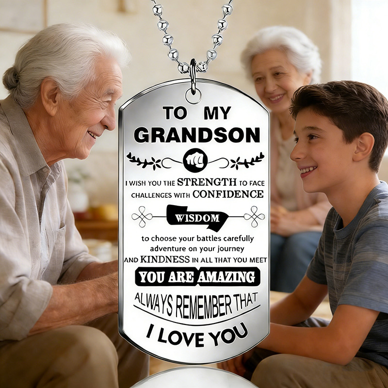 Mens Dog Tag Necklace - 내 손자를위한 영감 목걸이 큰 실버