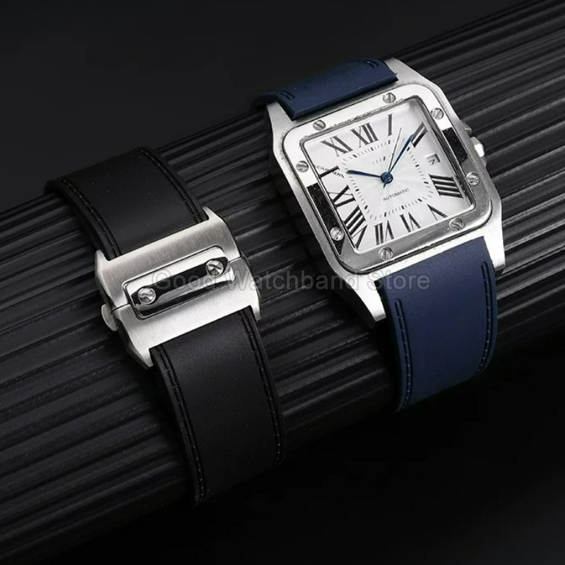 블랙 블루 고품질 고무 시계 스트랩 23 25mm 플랫 - Cartier Watch Santos 리뷰 및 가격