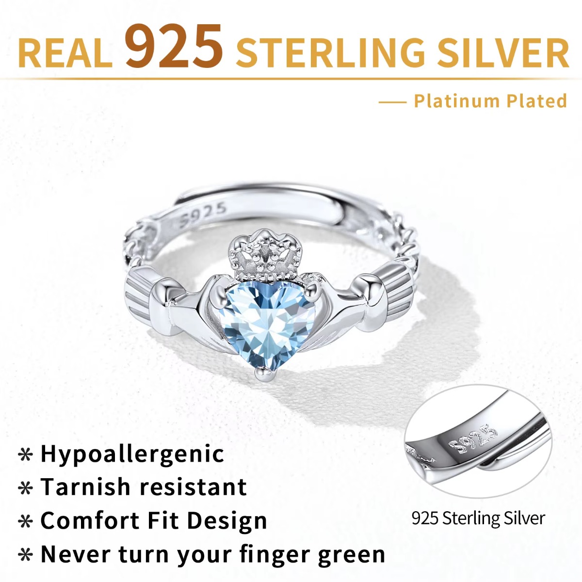 U7 3mm 925 실버 Claddagh 반지 심장 탄 - Birthstone Ring Set 리뷰 및 가격