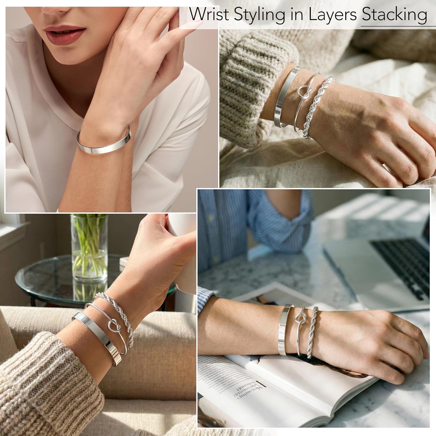 925 스털링 실버 여성용 팔찌, 스택 매듭 커프 뱅글 - Jewelry Essentials Watches 리뷰 및 가격