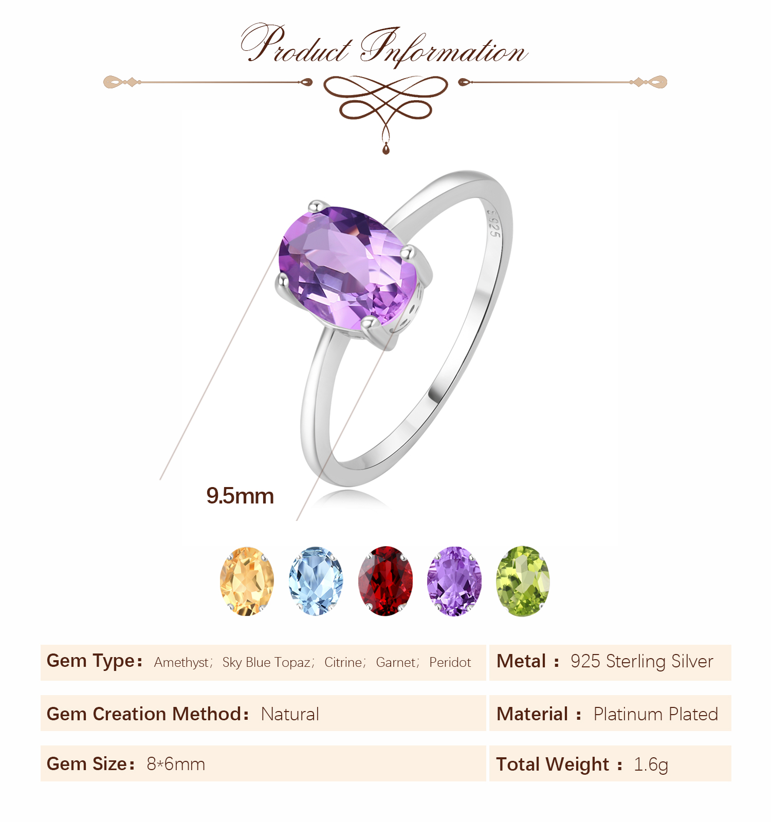 포티 내추럴 1.45캐럿 가넷 시트린 자수정 페리도트  - Birthstone Ring Set 리뷰 및 가격