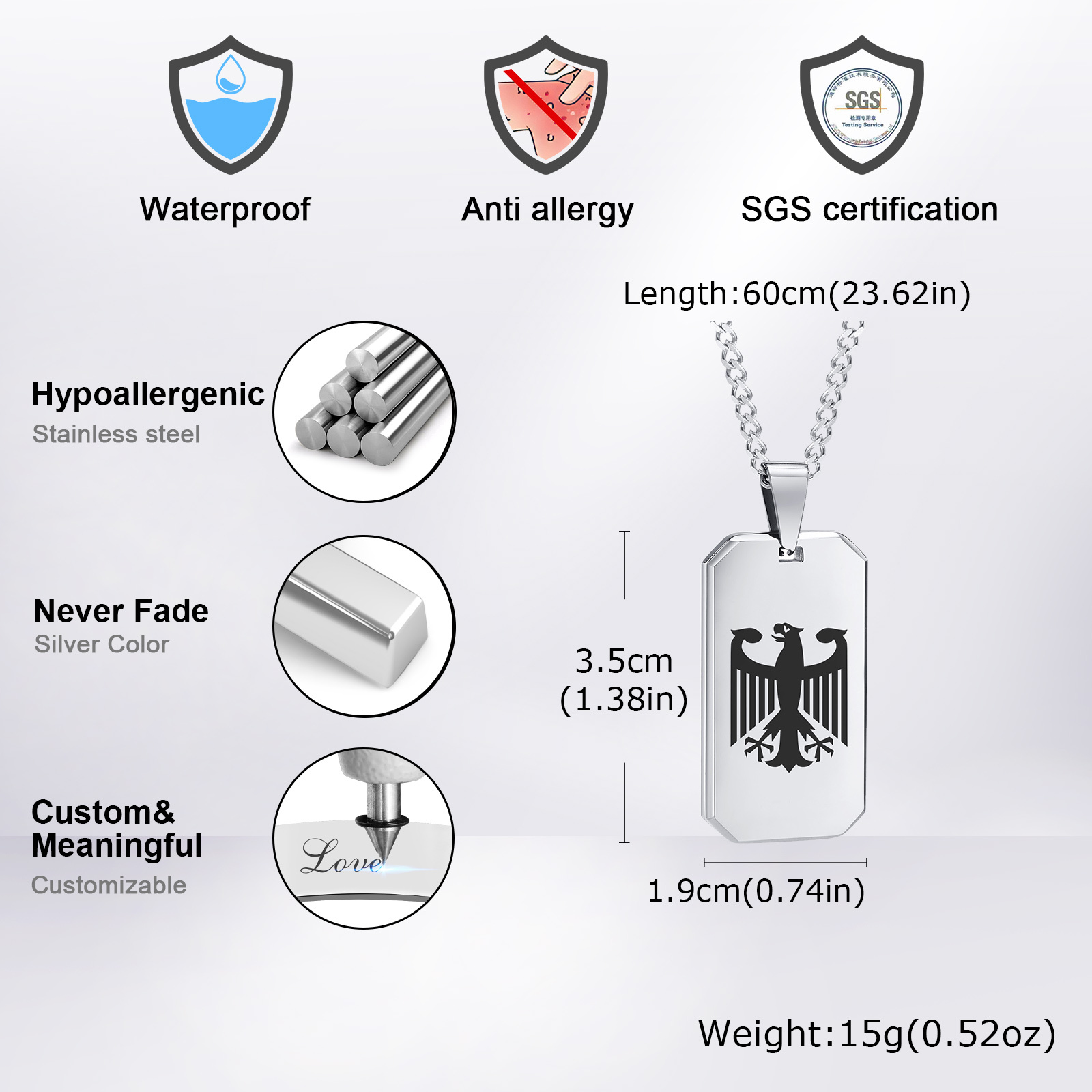 남성용 독일 독수리 사각 목걸이, 스테인레스 스틸 빅/ - Mens Dog Tag Necklace 리뷰 및 가격